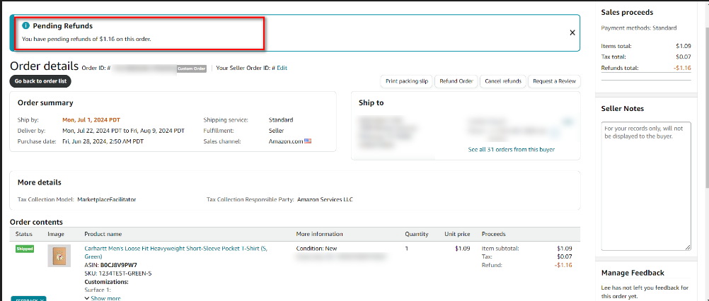 Refund status on Amazon