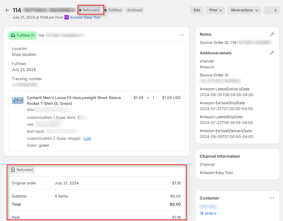 Refunded status on Shopify